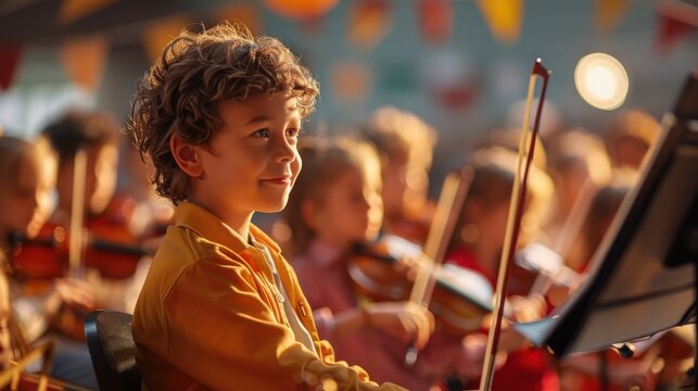 Children participating in a school concert rehearsal, showcasing a joyful atmosphere with instruments and colorful decorations