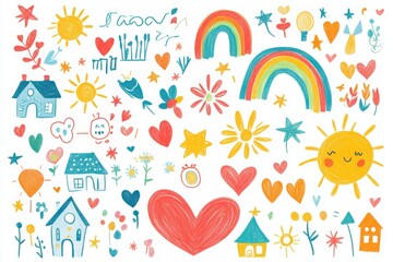 colorful kids doodle drawings of hearts, flowers, and rainbows, cute crayon-style vector set on white background