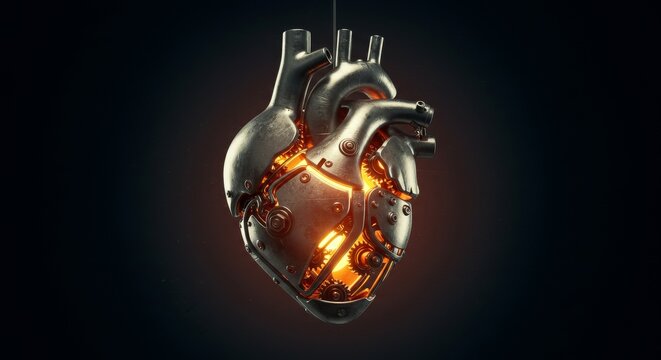 Mechanical heart structure with internal glowing components.