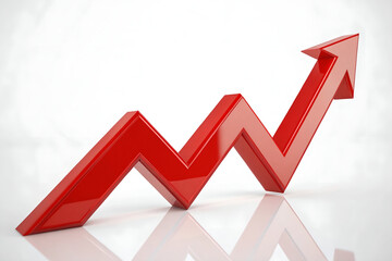 A 3D rendering of a red, glossy arrow pointing upward, forming a zig-zag pattern against a white background, illustrating growth or upward trend. The style is clean, modern, and minimalist.
