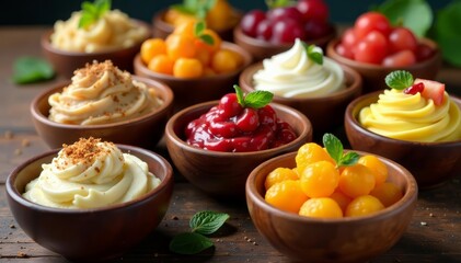Assorted delicious desserts in different colored wooden bowls, assorted, treats