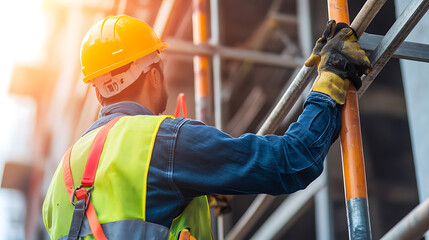 Construction Worker Ascending Scaffolding