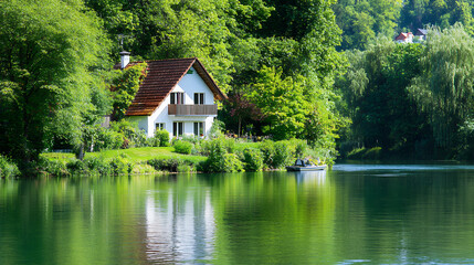Obraz premium Serene lakeside house surrounded by lush greenery and calm waters, perfect for relaxation and nature lovers