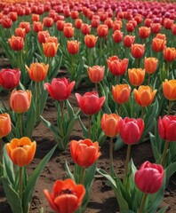 Obraz premium Vibrant spring tulips in perfect row, close-up view, Netherlands, flowers