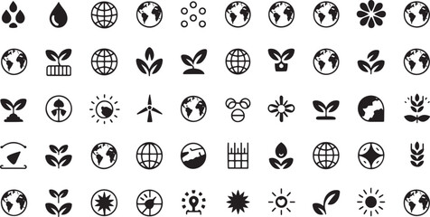 Flat Design Vector Icons Depicting Various Eco Friendly Concepts with Consistent Proportions