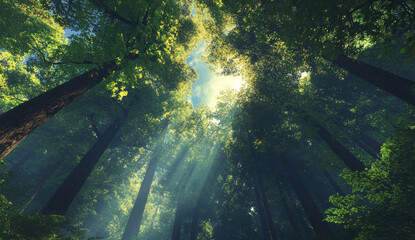 Fototapeta premium Lush green trees tower above, their leaves glistening in sunlight filtering through forest canopy, creating serene and tranquil atmosphere