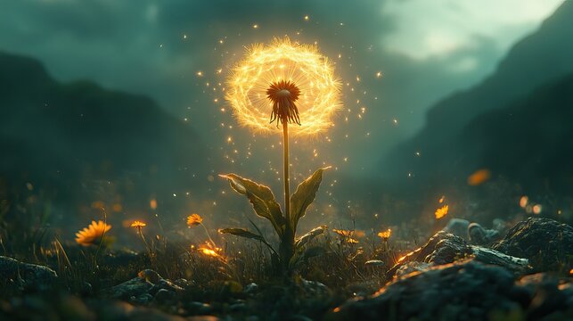 A single, glowing dandelion seed head suspended in mid-air against a blurred background of soft green, symbolizing hope, wishes, and the delicate beauty of nature