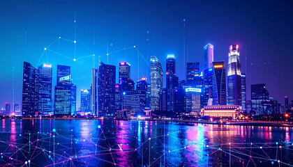 Obraz premium Cityscape at night Skyscrapers reflecting in water with network connections overlayed