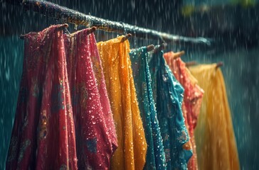 Colorful clothes on a rack under heavy rain, water beading on fabric