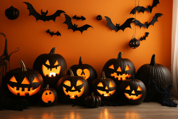 festive display of black pumpkins with carved jack o lantern faces, glowing warmly against orange wall. Bats adorn background, enhancing Halloween atmosphere