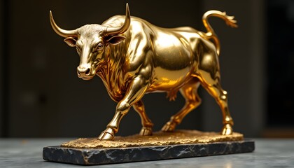 Obraz premium A meticulously crafted sculpture depicting a bull rendered in gleaming precious metal, its posture conveying a sense of forward momentum and unwavering power