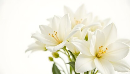 Fototapeta premium A cluster of pristine, creamy white blooms, their petals gently unfurling to reveal subtle textures and graceful curves, dominates the composition