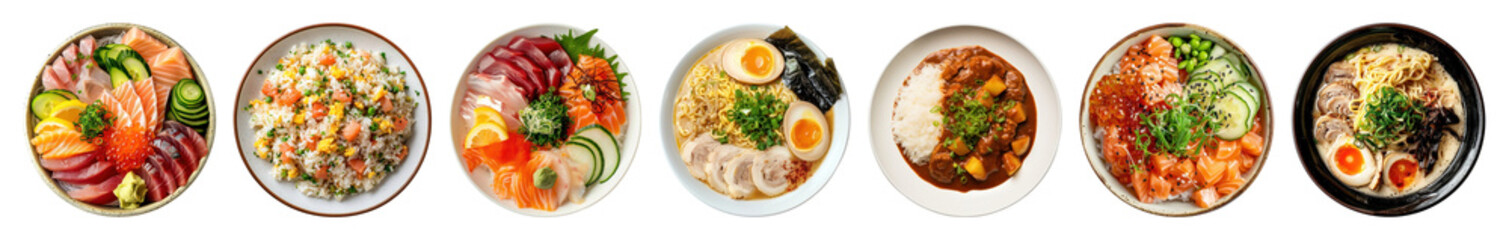 PNG Assorted vibrant Japanese cuisine bowls, element set on transparent background