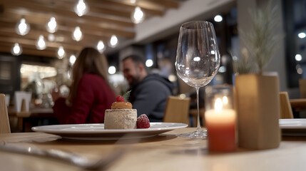 Cozy restaurant scene featuring dessert plate with cake topped with berries, glass of wine, and candle. warm ambiance creates