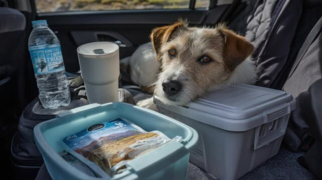 Road Trip Ready: A lovable terrier mix gazes out from the backseat of a car, surrounded by travel essentials, ready for a journey. The car's interior becomes a haven of anticipation.