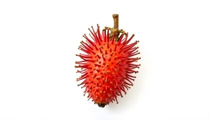 A single, vibrant red rambutan fruit is centered against a pure white backdrop