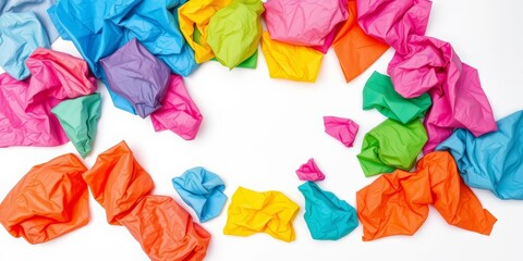 Brightly colored crumpled paper sheets scattered on white background, abstract, abstract background