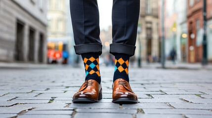 Stylish man wearing brown leather shoes and colorful argyle socks, standing cobblestone street, exuding confidence and flair