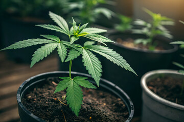 Cannabis Seedling in Pot - Growing Marijuana Plants