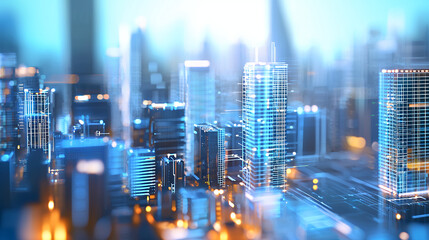 Futuristic cityscape with glowing skyscrapers and digital elements, showcasing advanced technology and urban life