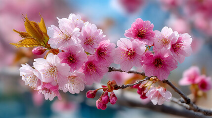 A branch is covered with delicate pink cherry blossoms against a blue sky backdrop