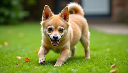 A small, muscular dog with short, smooth fur stands alertly in a grassy yard, front legs bent and lowered to the ground, rear end raised in the air, tail wagging enthusiastically