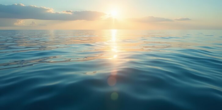 Calm sea with smooth ripples reflecting sunlight in the distance, soothing, coastal