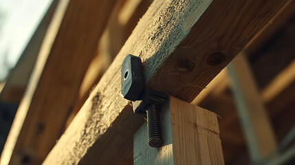 Close-up of a bolt securing wooden beams in construction