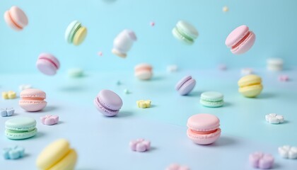 Obraz premium A visually appealing composition showcasing an array of pastel colored meringue based confections seemingly suspended in mid air