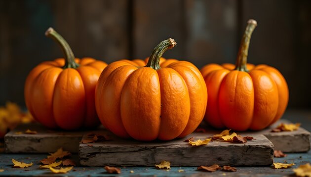 A trio of ripe, round gourds, their surfaces a vibrant hue, sit nestled upon weathered wooden boards, their painted finish peeling slightly to reveal the natural grain underneath