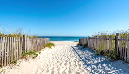 Fototapeta premium A sandy pathway leads to a serene beach, framed by wooden fences and lush grass, under a clear blue sky and calm ocean waves