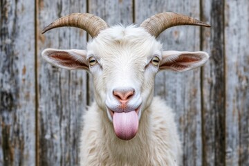 Playful Goat Sticking Out Tongue Against Rustic Wooden Fence Background: A Hilarious Farm Animal Portrait