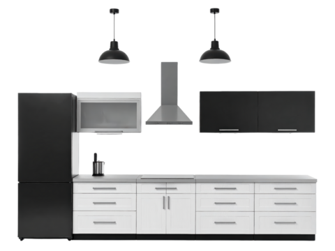 Striking black and white kitchen design featuring a modern sink ample storage