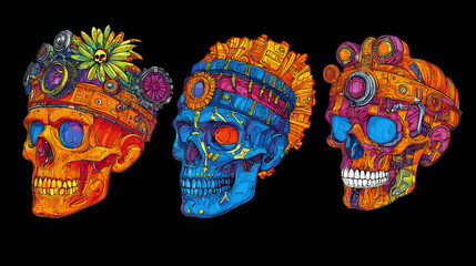 Naklejka premium Colorful skulls with intricate designs and accessories, showcasing vibrant hues and artistic details, evoke sense