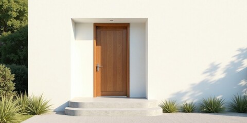 Modern Minimalist House Entrance with Wooden Door and Concrete Steps