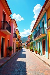 Obraz premium Cheerful street with bright colorful buildings on sunny day, city, colorful, vibrant
