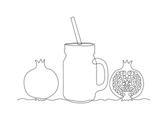 jar with a straw for cocktails, smoothies with pomegranate, continuous single one line art hand drawing sketch logo