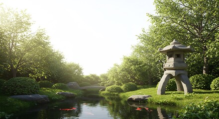 穏やか陽光射す日本庭園 石灯籠と鯉の池. AI Generated