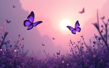 Purple Butterflies Over a Fantasy Landscape with Pink Sky. High quality