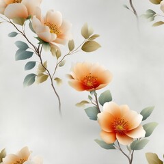 Fototapeta premium Vibrant Seamless Watercolor Floral Pattern with Bright Orange Flowers and Lush Green Leaves on a Crisp White Background for Elegant Designs