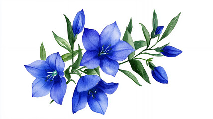 Fototapeta premium Beautiful watercolor illustration of blue flowers with green leaves, evoking sense of tranquility and nature