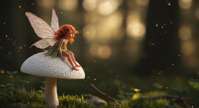 妖精 きらめく夕日 森のキノコ 静かに座る 
