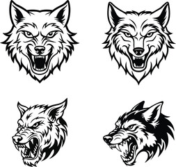 Angry Wolf Head Vector Set. Fierce Wild Animal Tattoo and Logo Art