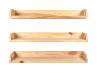 Obraz premium Three empty wooden shelves on a white backdrop, versatile storage and display solution