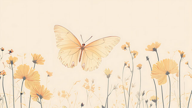 a soft illustration of a pale yellow butterfly with translucent wings flying above stylized yellow flowers with slender stems and subtle foliage on a light beige background. This resembles the Appias 