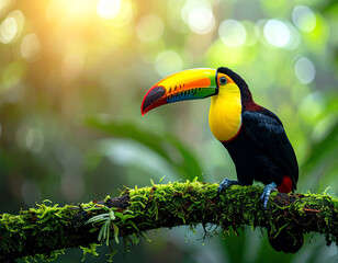 Obraz premium A vibrant toucan perched on a moss-covered branch in a lush, green environment, illuminated by soft, natural sunlight