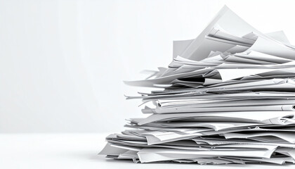 A disorganized stack of white papers on a clean surface, symbolizing clutter and the need for organization in paperwork