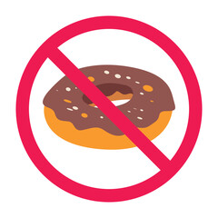 Forbidden sign with doughnut icon, no donut allowed sign, do not eat donuts symbol, sweet food prohibition sign
