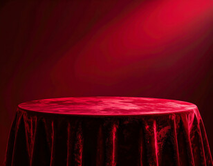 A round table draped in rich red velvet fabric, set against a matching red backdrop, creating a dramatic and luxurious atmosphere