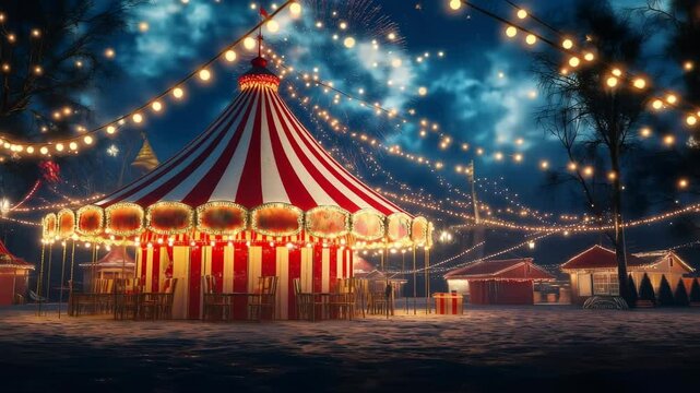 Circus christmas tent, with the lights strung across the top of the canopy around at night time and colorful firework on background	